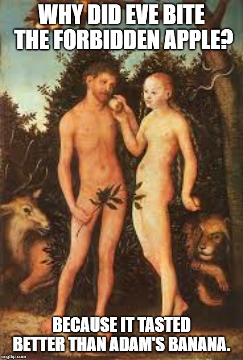 The Garden | WHY DID EVE BITE THE FORBIDDEN APPLE? BECAUSE IT TASTED BETTER THAN ADAM'S BANANA. | image tagged in adam and eve | made w/ Imgflip meme maker