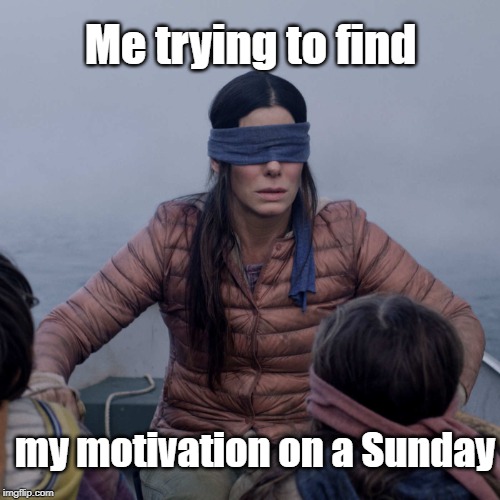 Bird Box | Me trying to find; my motivation on a Sunday | image tagged in memes,bird box,motivation,sunday | made w/ Imgflip meme maker
