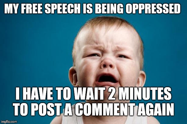 BABY CRYING | MY FREE SPEECH IS BEING OPPRESSED I HAVE TO WAIT 2 MINUTES TO POST A COMMENT AGAIN | image tagged in baby crying | made w/ Imgflip meme maker
