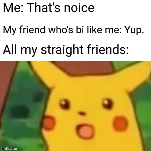 Surprised Pikachu Meme | Me: That's noice My friend who's bi like me: Yup. All my straight friends: | image tagged in memes,surprised pikachu | made w/ Imgflip meme maker