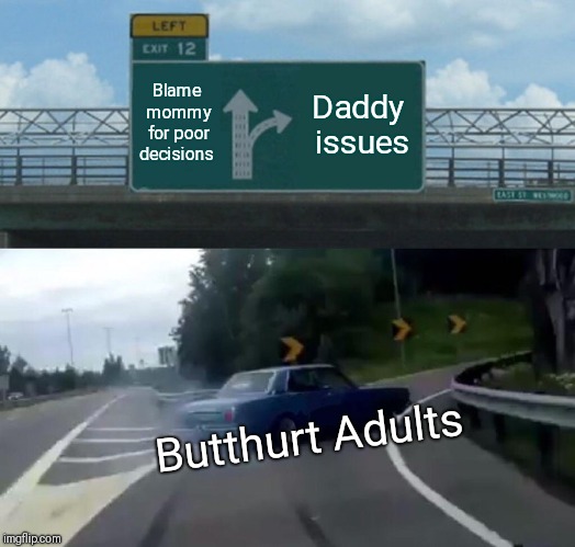 Left Exit 12 Off Ramp Meme | Blame mommy for poor decisions; Daddy issues; Butthurt Adults | image tagged in memes,left exit 12 off ramp | made w/ Imgflip meme maker