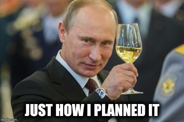 Putin Cheers | JUST HOW I PLANNED IT | image tagged in putin cheers | made w/ Imgflip meme maker