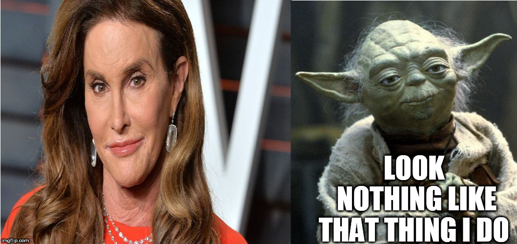 bruce  looks  more    like  a  TERRIFYING CREATURE  IN A  HORROR MOVIE

YODA  doesn't scare me at all! | LOOK NOTHING LIKE THAT THING I DO | image tagged in star wars yoda,bruce jenner,look  alike,nothing | made w/ Imgflip meme maker