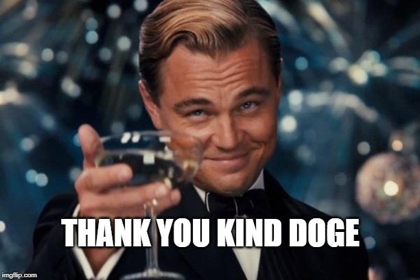 THANK YOU KIND DOGE | image tagged in memes,leonardo dicaprio cheers | made w/ Imgflip meme maker