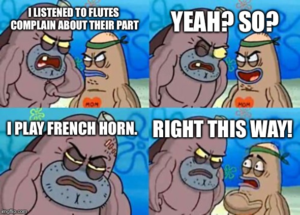 How Tough Are You Meme | YEAH? SO? I LISTENED TO FLUTES COMPLAIN ABOUT THEIR PART; I PLAY FRENCH HORN. RIGHT THIS WAY! | image tagged in memes,how tough are you | made w/ Imgflip meme maker