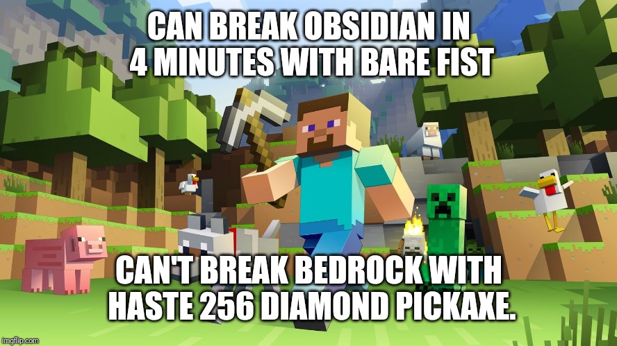Minecraft Logic | CAN BREAK OBSIDIAN IN 4 MINUTES WITH BARE FIST; CAN'T BREAK BEDROCK WITH HASTE 256 DIAMOND PICKAXE. | image tagged in minecraft logic | made w/ Imgflip meme maker