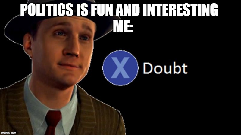 L.A. Noire Press X To Doubt | ME:; POLITICS IS FUN AND INTERESTING | image tagged in la noire press x to doubt | made w/ Imgflip meme maker
