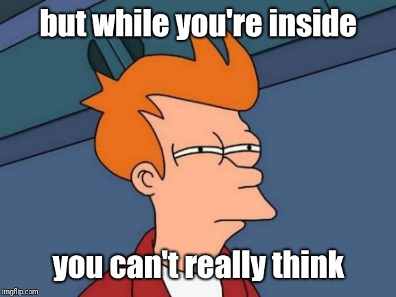 Futurama Fry Meme | but while you're inside you can't really think | image tagged in memes,futurama fry | made w/ Imgflip meme maker