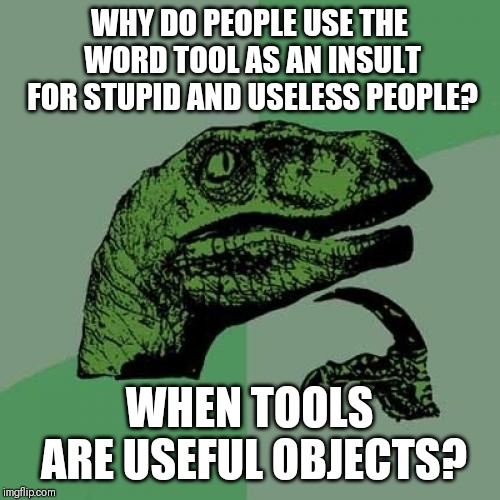 Tools are used for though | WHY DO PEOPLE USE THE WORD TOOL AS AN INSULT FOR STUPID AND USELESS PEOPLE? WHEN TOOLS ARE USEFUL OBJECTS? | image tagged in memes,philosoraptor | made w/ Imgflip meme maker