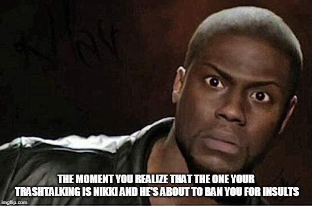 Kevin Hart Meme | THE MOMENT YOU REALIZE THAT THE ONE YOUR TRASHTALKING IS NIKKI AND HE'S ABOUT TO BAN YOU FOR INSULTS | image tagged in memes,kevin hart | made w/ Imgflip meme maker