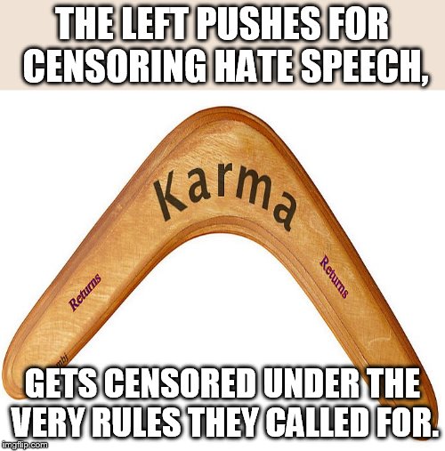Why free speech covers hate speech. | THE LEFT PUSHES FOR CENSORING HATE SPEECH, GETS CENSORED UNDER THE VERY RULES THEY CALLED FOR. | image tagged in boomerang democrat lies | made w/ Imgflip meme maker