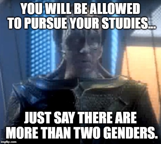 Madred - Star Trek The Next Generation | YOU WILL BE ALLOWED TO PURSUE YOUR STUDIES... JUST SAY THERE ARE MORE THAN TWO GENDERS. | image tagged in madred - star trek the next generation | made w/ Imgflip meme maker