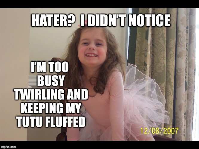 Michevious ballerina | HATER?  I DIDN’T NOTICE; I’M TOO BUSY TWIRLING AND KEEPING MY TUTU FLUFFED | image tagged in michevious ballerina | made w/ Imgflip meme maker