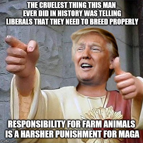 Trump Jesus | THE CRUELEST THING THIS MAN EVER DID IN HISTORY WAS TELLING LIBERALS THAT THEY NEED TO BREED PROPERLY RESPONSIBILITY FOR FARM ANIMALS IS A H | image tagged in trump jesus | made w/ Imgflip meme maker