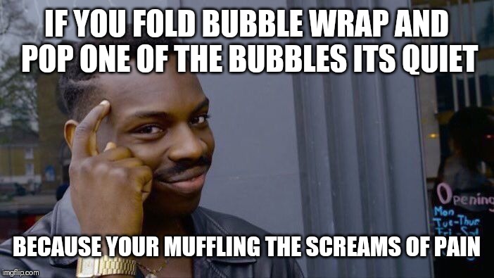Roll Safe Think About It | IF YOU FOLD BUBBLE WRAP AND POP ONE OF THE BUBBLES ITS QUIET; BECAUSE YOUR MUFFLING THE SCREAMS OF PAIN | image tagged in memes,roll safe think about it | made w/ Imgflip meme maker