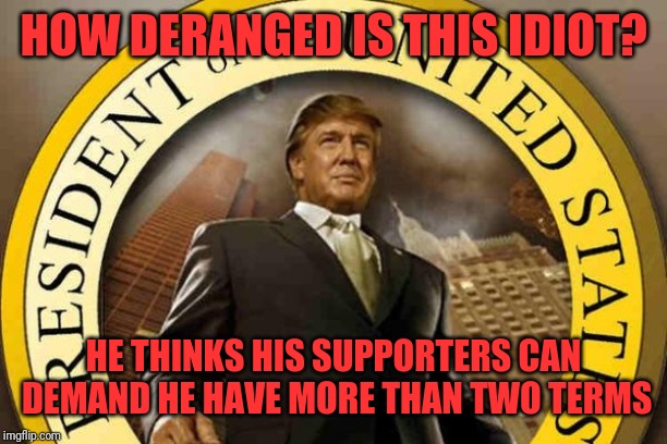trump | HOW DERANGED IS THIS IDIOT? HE THINKS HIS SUPPORTERS CAN DEMAND HE HAVE MORE THAN TWO TERMS | image tagged in trump | made w/ Imgflip meme maker
