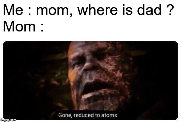 gone reduced to atoms | Me : mom, where is dad ? Mom : | image tagged in gone reduced to atoms | made w/ Imgflip meme maker