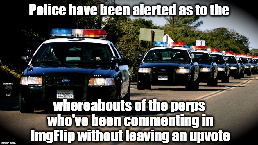GO GET 'EM!! | Police have been alerted as to the; whereabouts of the perps who've been commenting in ImgFlip without leaving an upvote | image tagged in cop cars | made w/ Imgflip meme maker