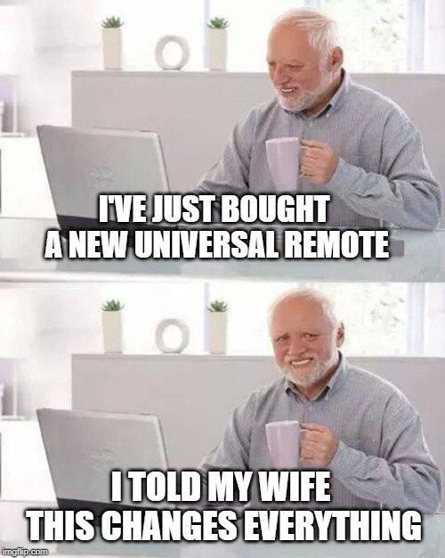 remoted control | I'VE JUST BOUGHT A NEW UNIVERSAL REMOTE; I TOLD MY WIFE THIS CHANGES EVERYTHING | image tagged in memes,hide the pain harold,tv remote | made w/ Imgflip meme maker