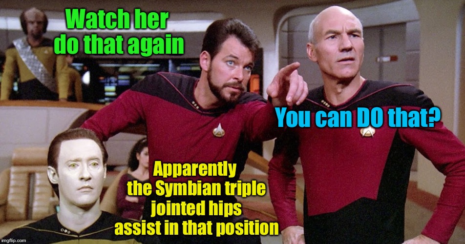 Riker Pointing Star Trek Next Generation bridge picard data | Watch her do that again You can DO that? Apparently the Symbian triple jointed hips assist in that position | image tagged in riker pointing star trek next generation bridge picard data | made w/ Imgflip meme maker