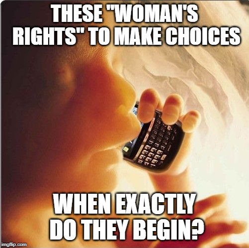 Baby in womb on cell phone - fetus blackberry | THESE "WOMAN'S RIGHTS" TO MAKE CHOICES; WHEN EXACTLY DO THEY BEGIN? | image tagged in baby in womb on cell phone - fetus blackberry | made w/ Imgflip meme maker