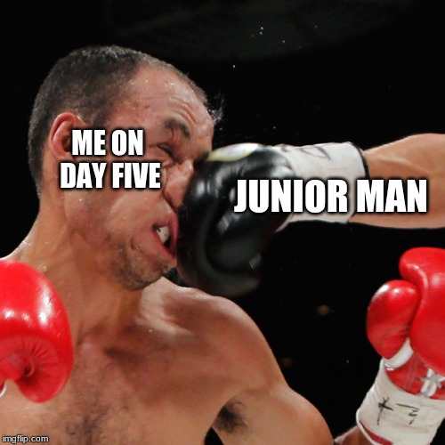 Boxer Getting Punched In The Face | ME ON DAY FIVE; JUNIOR MAN | image tagged in boxer getting punched in the face | made w/ Imgflip meme maker