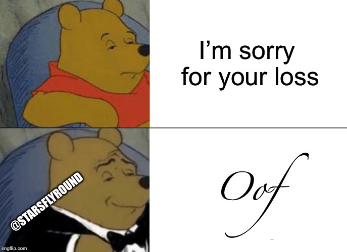 Oof... | I’m sorry for your loss; Oof; @STARSFLYROUND | image tagged in memes,tuxedo winnie the pooh,oof | made w/ Imgflip meme maker