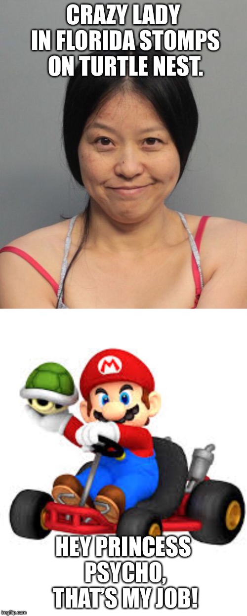 This idiot must’ve eaten too many mushrooms before attacking turtle nests | CRAZY LADY IN FLORIDA STOMPS ON TURTLE NEST. HEY PRINCESS PSYCHO, THAT’S MY JOB! | image tagged in mario kart,crazy chinese woman,memes,turtle,attack,florida | made w/ Imgflip meme maker