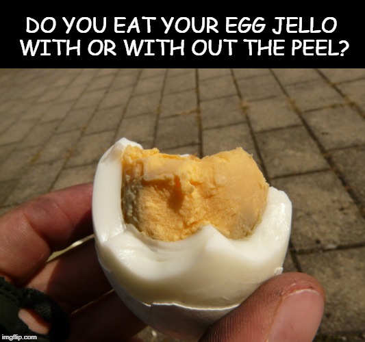 i say it adds some texture | DO YOU EAT YOUR EGG JELLO WITH OR WITH OUT THE PEEL? | image tagged in eggs,funny,funny memes,memes | made w/ Imgflip meme maker