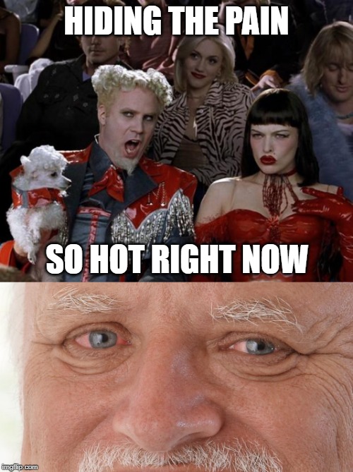 "Hide The Pain Harold" Weekend. June 14th-16th. | HIDING THE PAIN; SO HOT RIGHT NOW | image tagged in memes,mugatu so hot right now,hide the pain harold,hide the pain harold weekend | made w/ Imgflip meme maker