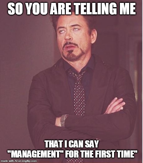 Face You Make Robert Downey Jr | SO YOU ARE TELLING ME; THAT I CAN SAY "MANAGEMENT" FOR THE FIRST TIME" | image tagged in memes,face you make robert downey jr | made w/ Imgflip meme maker