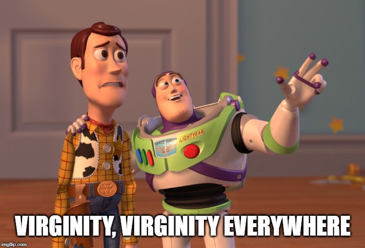 X, X Everywhere Meme | VIRGINITY, VIRGINITY EVERYWHERE | image tagged in memes,x x everywhere | made w/ Imgflip meme maker