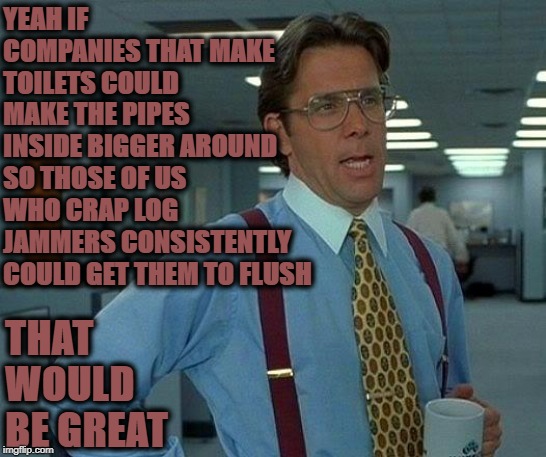 That Would Be Great Meme | YEAH IF COMPANIES THAT MAKE TOILETS COULD MAKE THE PIPES INSIDE BIGGER AROUND SO THOSE OF US WHO CRAP LOG JAMMERS CONSISTENTLY COULD GET THEM TO FLUSH; THAT WOULD BE GREAT | image tagged in memes,that would be great | made w/ Imgflip meme maker