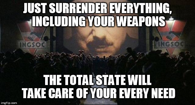 Big Brother 1984 | JUST SURRENDER EVERYTHING, INCLUDING YOUR WEAPONS THE TOTAL STATE WILL TAKE CARE OF YOUR EVERY NEED | image tagged in big brother 1984 | made w/ Imgflip meme maker