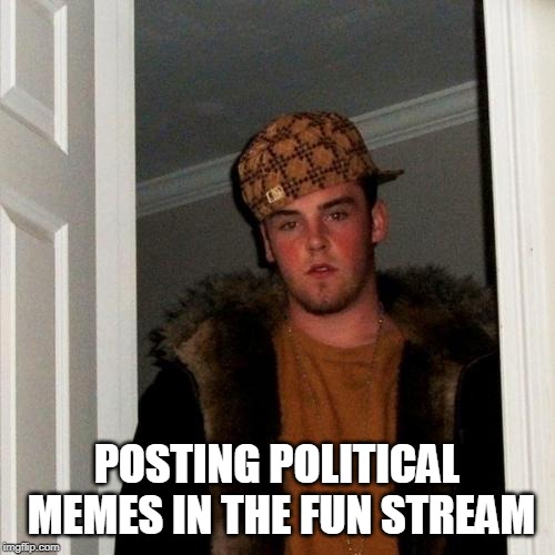 Scumbag Steve Meme | POSTING POLITICAL MEMES IN THE FUN STREAM | image tagged in memes,scumbag steve | made w/ Imgflip meme maker