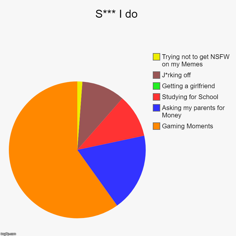 S*** I do | Gaming Moments, Asking my parents for Money, Studying for School, Getting a girlfriend, J*rking off, Trying not to get NSFW on m | image tagged in charts,pie charts | made w/ Imgflip chart maker