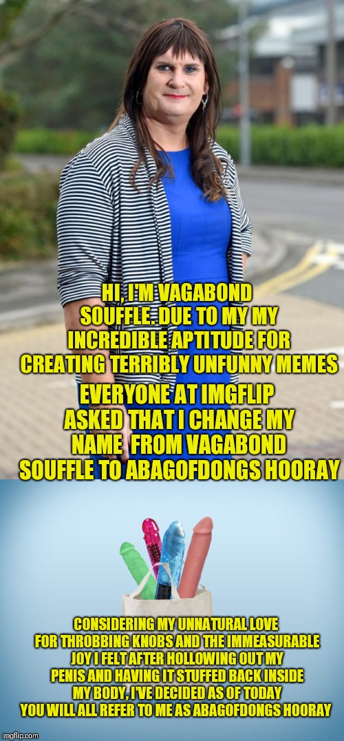 HI, I'M VAGABOND SOUFFLE. DUE TO MY MY INCREDIBLE APTITUDE FOR CREATING TERRIBLY UNFUNNY MEMES EVERYONE AT IMGFLIP ASKED THAT I CHANGE MY NA | made w/ Imgflip meme maker