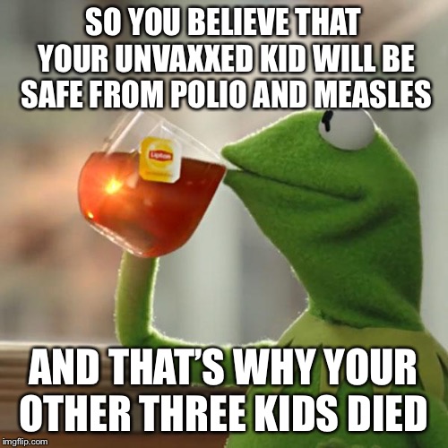 But That's None Of My Business | SO YOU BELIEVE THAT YOUR UNVAXXED KID WILL BE SAFE FROM POLIO AND MEASLES; AND THAT’S WHY YOUR OTHER THREE KIDS DIED | image tagged in memes,but thats none of my business,kermit the frog | made w/ Imgflip meme maker