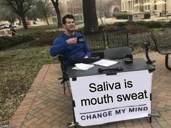 We have sweat glands and salivary glands. They're pretty much the same thing, just in different parts of the body. | Saliva is mouth sweat | image tagged in memes,change my mind,funny | made w/ Imgflip meme maker