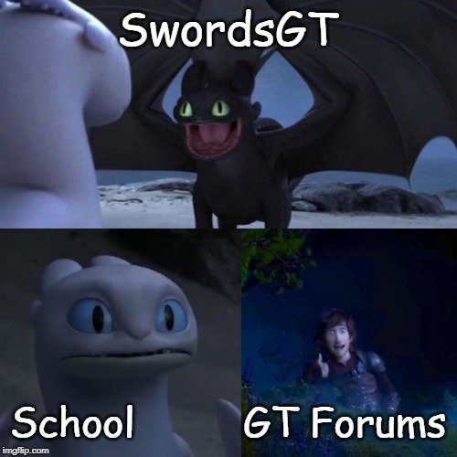 Toothless presents himself | SwordsGT; School         GT Forums | image tagged in toothless presents himself | made w/ Imgflip meme maker