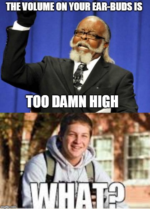 THE VOLUME ON YOUR EAR-BUDS IS; TOO DAMN HIGH | image tagged in memes,too damn high | made w/ Imgflip meme maker