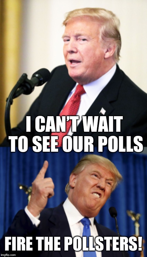 Trump Logic | I CAN’T WAIT TO SEE OUR POLLS; FIRE THE POLLSTERS! | image tagged in donald trump meme,memes,donald trump | made w/ Imgflip meme maker