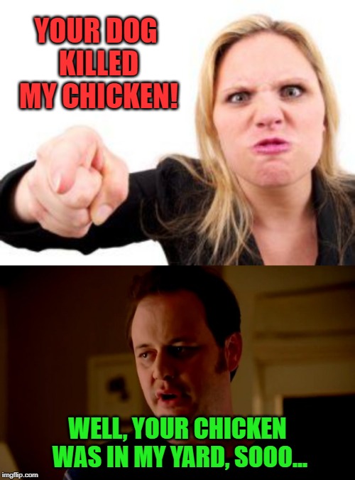 Just making a prediction based upon recent events. | YOUR DOG KILLED MY CHICKEN! WELL, YOUR CHICKEN WAS IN MY YARD, SOOO... | image tagged in cranky,jake from state farm,memes,nixieknox | made w/ Imgflip meme maker