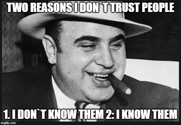 Al Capone  | TWO REASONS I
DON`T TRUST PEOPLE; 1. I DON`T KNOW THEM
2: I KNOW THEM | image tagged in al capone | made w/ Imgflip meme maker