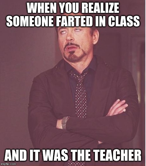 Face You Make Robert Downey Jr Meme | WHEN YOU REALIZE SOMEONE FARTED IN CLASS; AND IT WAS THE TEACHER | image tagged in memes,face you make robert downey jr | made w/ Imgflip meme maker