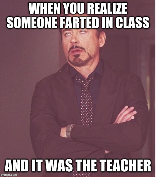 Face You Make Robert Downey Jr | WHEN YOU REALIZE SOMEONE FARTED IN CLASS; AND IT WAS THE TEACHER | image tagged in memes,face you make robert downey jr | made w/ Imgflip meme maker