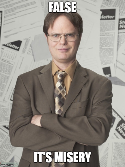 Dwight Schrute 2 Meme | FALSE IT'S MISERY | image tagged in memes,dwight schrute 2 | made w/ Imgflip meme maker