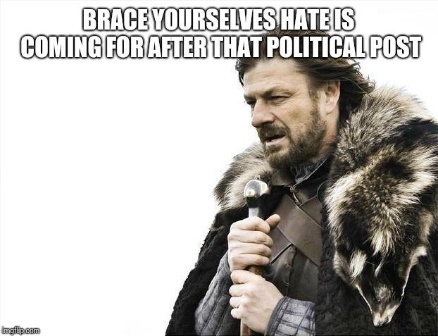 Brace Yourselves X is Coming | BRACE YOURSELVES HATE IS COMING FOR AFTER THAT POLITICAL POST | image tagged in memes,brace yourselves x is coming | made w/ Imgflip meme maker