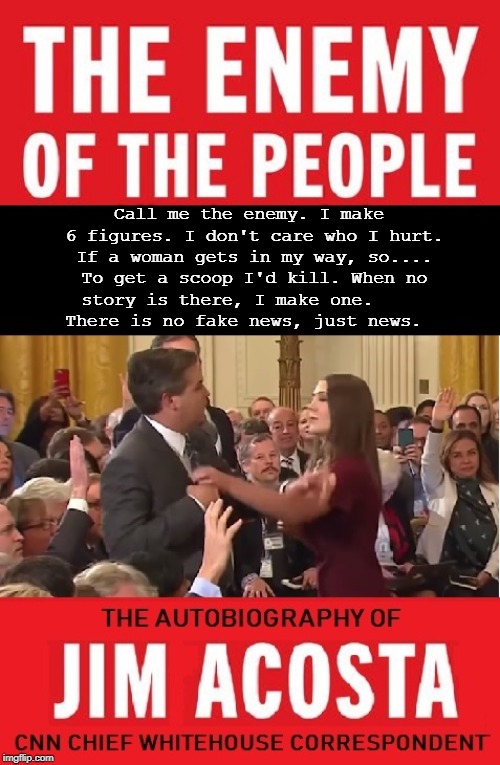 Jim Acosta Opens Up & Finally Tells the Truth | Call me the enemy. I make 6 figures. I don't care who I hurt. If a woman gets in my way, so.... To get a scoop I'd kill. When no story is there, I make one.  
      There is no fake news, just news. | image tagged in vince vance,jim acosta,cnn,fake news,white house,press correspondent | made w/ Imgflip meme maker
