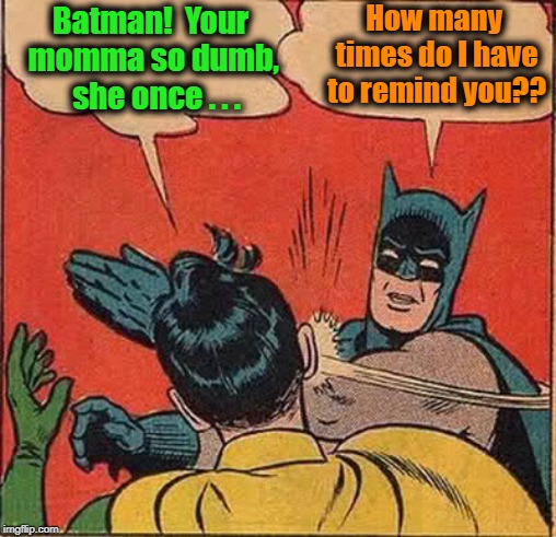 How can Robin FORGET the Batman's parents died?? | How many times do I have to remind you?? Batman!  Your momma so dumb,  she once . . . | image tagged in memes,batman slapping robin | made w/ Imgflip meme maker